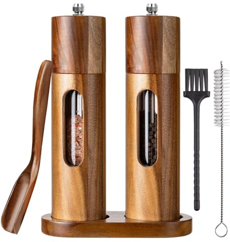 Auciej Salz und Pfeffermühle Holz Pfeffer und Salzmühle mit Untersetzer 21,5 cm Manuelle Gewürzmühle Set Verstellbarem Keramikmahlwerk für Pfeffer Salz Gewürze
