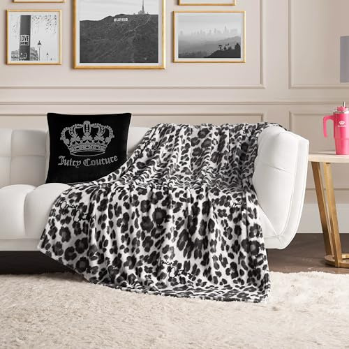 Juicy Couture Luxuriöse Überwurfdecke für Couch, 127 x 177,8 cm, Regent Leopardenmuster, Plüschdecke und gemütliche Überwurfdecke, dekorative Decken für Sofas, Überwürfe für Stühle und Betten, Grau
