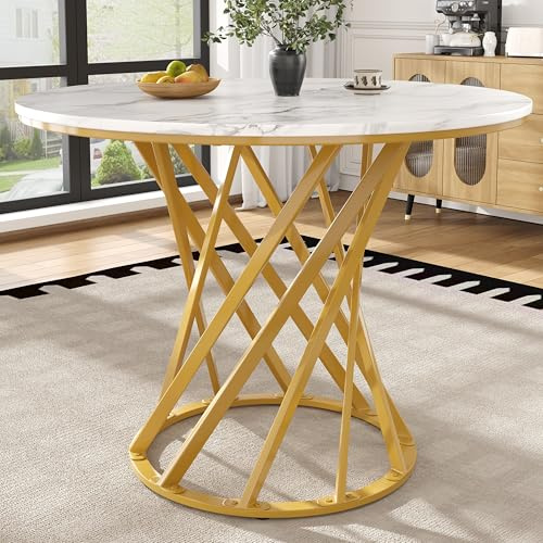 OKMYHOME Runder Esstisch mit MDF-Platte in Marmor-Optik, Gestell aus vergoldetem Metall, 80 x 80 x 76 cm, Weiß und Gold