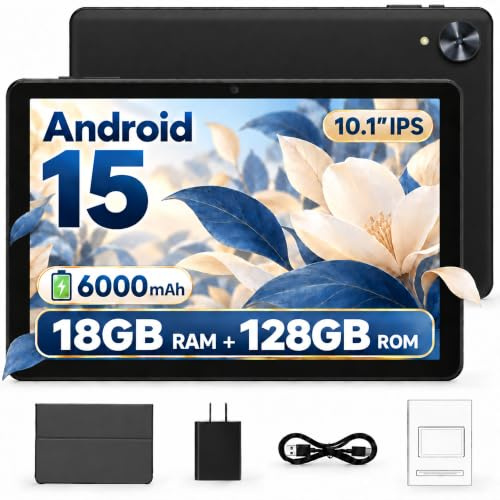 Keoaxll Tablet 10.1Inch Android 15 OS GMS Certified, 18GB(6+12) RAM 128GB ROM 1TB Expand, Android Tablet 1280 * 800 HD, 5G WiFi, BT5, 5MP+2MP Dual Camera, 6000mAh Battery,Black