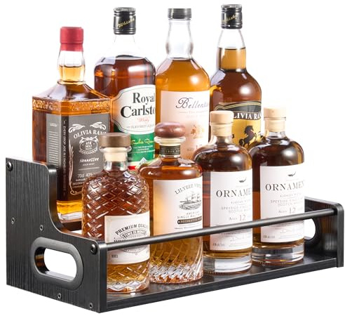 YQBRAO 2-Tier Liquor Bottle Display Shelf, Coffee Syrup Rack Organizer, Water Bottle Organizer, Mini Bar Cabinet, Rustic Bar Shelves for Liquor Whiskey, Spirits（Black）