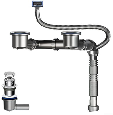 Doppelspüle Abflusssystem, mit Upgrade-Druckknopfmechanismus, Geruchsdichtes Ventil, flexibel Einstellbar, geeignet für Küche, Material: PP/Edelstahl(201)