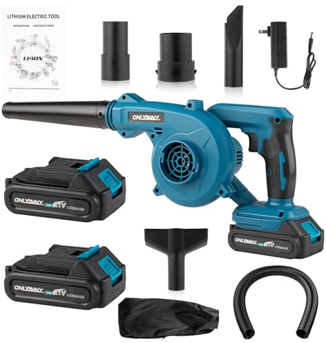 Akku-Laubbläser 600W, 2-in-1 Laubbläser & Autotrockner, inkl. 2×2000mAh Akkus + Ladegerät, Variable Geschwindigkeit, Batterieanzeige, leicht, für Garten, Rasen, Garage & Terrasse