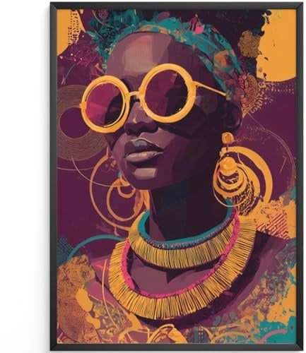 MJ-GRAPHICS® Poster Frau Kunstdruck farbenfroh Wandbild Abstrakt Sonnenbrille Bilder Stilvoll Bohème Wanddeko Lila Gelb Orange Wohnzimmer Deko Moderne 50x70 ohne Rahmen