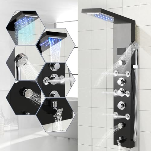 Hebitod Duschpaneel mit LCD Temperaturanzeige, 6 Wasserfunktionen, 304 Schwarz-Titan Edelstahl DuschsystemWasserfall, Regendusche, Massagedusche Handbrause Wanneneinlauf