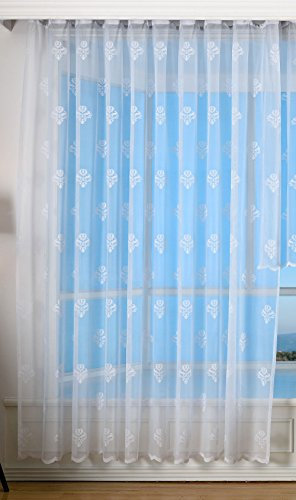 Jacquard Bogenstore Gardine, 245x450, Barock Blumenmuster Weiß Kräuselband Universalband Faltenband Store, 13142