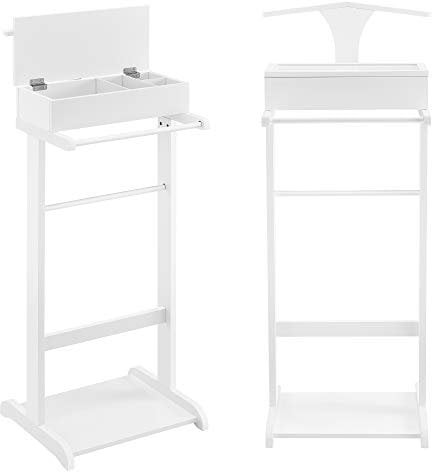[en.casa] Valet de Chambre avec Boîte Ouvrable de 4 Poches Porte-Costumes Valet de Nuit avec Cintre Élégant Bureau Salon Chambre à Coucher MDF Bois de Pin 44 x 35 x 110 cm Blanc