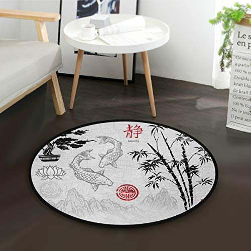 Mnsruu Tapis Rond en Bambou pour Salon Chambre à Coucher Motif Carpe koï Chinois 92 cm
