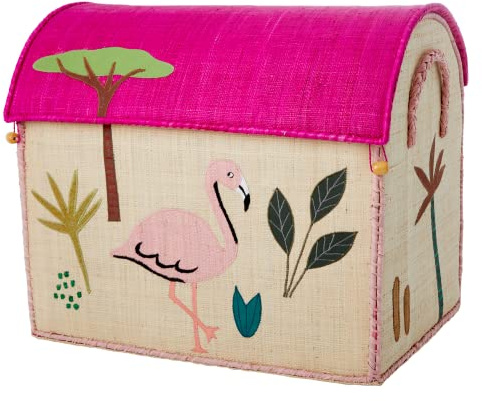 Groß Flamingo Raffia Aufbewahrungshaus - natürlich - Jungle Animals Print