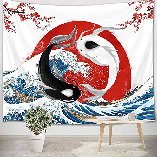 LB Wandteppich Große Welle Wandtuch Japanische Koi und Rote Sonne Wandbehang Kirschblüte Tapisserie für Wohnzimmer Schlafzimmer Wohnheim Wanddeko,200x150cm