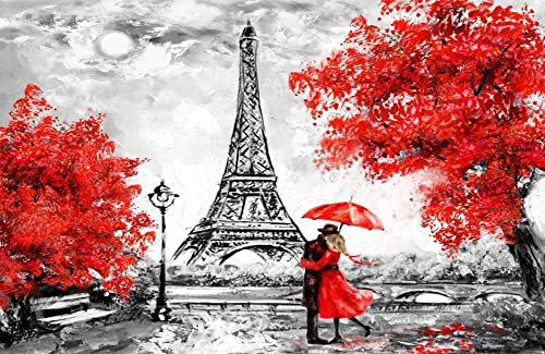 Fototapete 3D Effekt Vliestapete Tapeten Ölgemälde Der Modernen Kunst Paris-Turmliebhaber Roter Großer Baum Fototapete Wandtapete Wallpaper Wandbilder 400x280cm