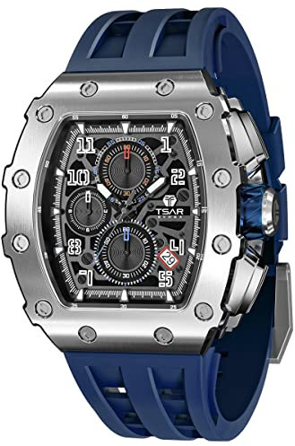 Uhren Herren TSAR BOMBA Luxus Armbanduhr Herren Chronograph 50M Wasserdicht Saphirglas Japan Quarzwerk TMI VK67 Silikonband Klassisches Tonneau Design Leuchtendes Kalender Männer Uhr
