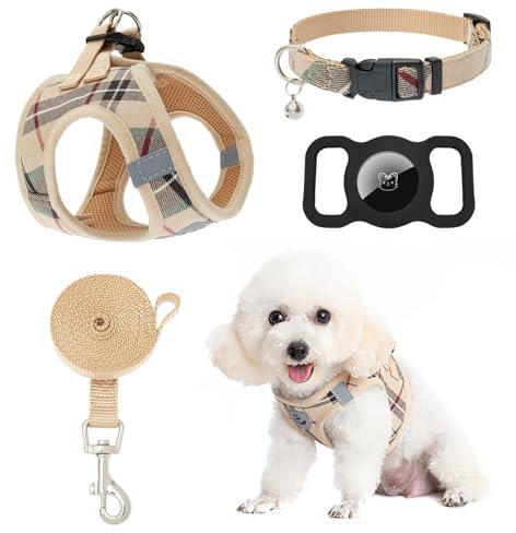 EXPAWLORER Dog Harness and Lead Set - Small Dog Collar and Lead Set with AirTag Holder Case - Classic Plaid Step in Small Dog Vest Harnesses No Pull, Adjustable Escape Proof for Outdoor Walking, XS
