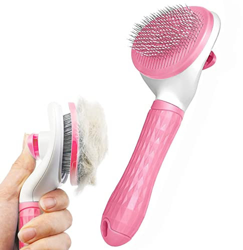 Dog/Cat Brush Grooming Comb,Self Cleaning Slicker Brushes with Smooth handle,Pet Grooming Tool with Cleaning Button for Cat Dog Shedding Tools Massage Clean Tangled Brush(Pink)