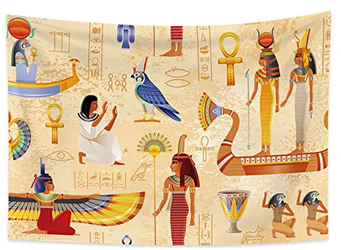 YONGFOTO 150x100cm Antikes Ägypten Wandteppich, Ägyptisches Muster Wandteppiche Blauer Vogel Hieroglyphenmuster Holzboot Wandteppich Für Wohnzimmer Schlafsaal Dekor Sofa Bettdecke Teppich Decke