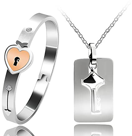 Uloveido Heart Lock Bangle Bracelet and Key Necklace for Men Women Couples Valentine's Day Gift, Stainless Steel, Cubic Zirconia