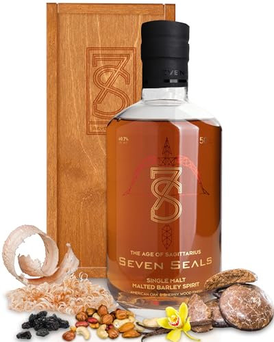Seven Seals The Age of Sagittarius Premium Single Malt 0,5 l Geschenkset mit Holzbox | Aroma Vanille/Lebkuchen | Geschmack Nüsse, Holz & Rosinen | Tolles Geschenk für Sternbild Schütze | 49.7% Alkohol