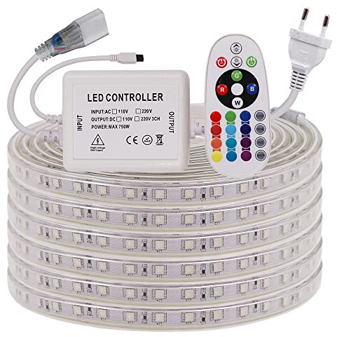 Wisada RGB LED Streifen, 50M 220V 5050 60LEDs/m Flexibler Bunt Streifen, Innen Multi-Farbwechsel LED Lichtband mit 24 Tasten Fernbedienung und 750W RGB Regler für Schlafzimmer, Schrank, Party