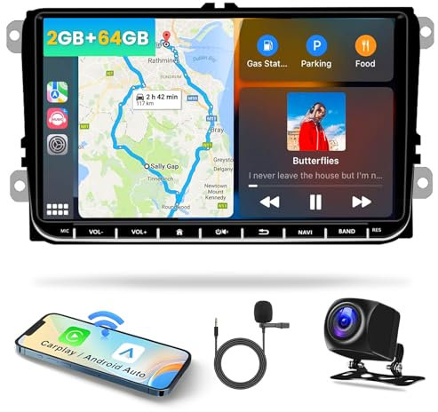 2G+64G Hikity 9 HD Android 15 Autoradio für VW Golf 5 Passat Polo Tiguan Touran Caddy Skoda mit CarPlay Android Auto Doppel Din Stereo mit Navi WiFi Hi-Fi BT USB RDS FM SWC Canbus+Rückfahrkamera