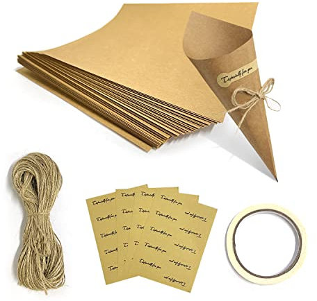 40 Cone Kraft Paper Tubes, Creative Cone Vintage Kraft Paper Cones with 40 Hemp Rope + 40 Stickers + 1 Roll of Double Sided Adhesive for Wedding or Party Decoration