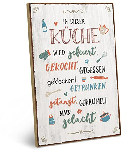 ARTFAVES® Wandbild Holzschild mit Spruch - In dieser Küche wird gefeiert - Türschild Retro Vintage Deko Bild Geschenk - Küchendeko