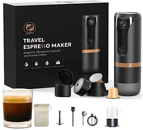 Tragbare Espressomaschine Wiederaufladbar,12v Tragbar Kaffeemaschine reise Siebtraeger Automatische Kaffeekapselmaschine Ein-Knopf-Bedienung BPA-frei Reisekaffeemaschine für Reisen, Zuhause, Büro