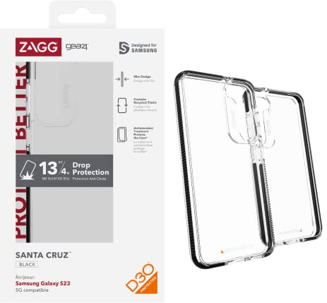 ZAGG Gear4 Santa Cruz Handyhülle für Samsung Galaxy S23 Serie, D30 Fallschutz bis zu 4 m, Kratzfeste transparente Handyhülle, funktioniert mit kabellosen Ladesystemen, Kanten-zu-Rand-Schutz