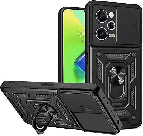 ESTH® Funda para Xiaomi Poco X5 Pro/Redmi Note 12 Pro con Protección de Cámara Cubierta y Soporte de Anillo [Compatible con Soporte Magnético para Coche] Carcasa Grado Militar Anti-caída, Negro