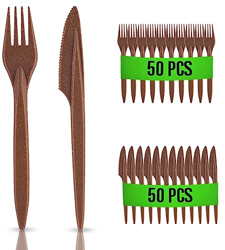RAGO® Wiederverwendbaren Besteck Set 100 Stück Umweltfreundlich aus WPC I Alternative zu Plastikbesteck I 50 Gabeln I 50 Messer I Robust I Mehrweg I Perfekt für Feiern und Events I Dunkelbraun