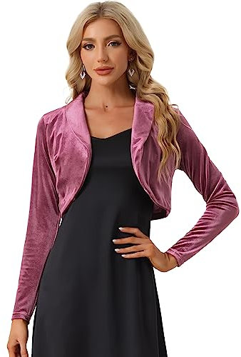 Allegra K Long Sleeve Shrug Top for Women's Lapel Collar Velvet Christmas Open Front Cropped Cardigan Violet M