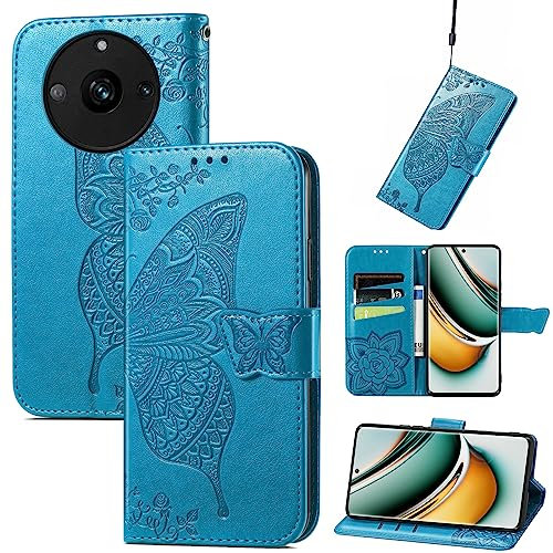 JIUNINE Funda para Realme 11 Pro 5G, Antigolpes Carcasa Libro con Tapa en Cuero Flip Case Cover con Dibujos de Mariposa, Cierre Magnético, Cartera y Soporte para Realme 11 Pro Plus 5G, Azul