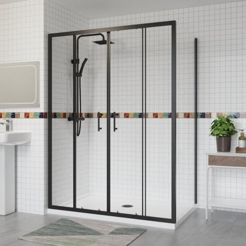 Aquariss 1400x700mm Sliding Shower Enclosure with Side Panel Black | Double Sliding Door, Aluminum Profile, 6mm Tempered Glass, Easy Clean, Stainless Steel Handle, Wall Adjustable, Reversible