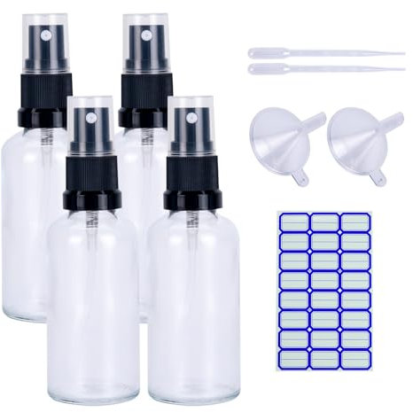Sewokon 4 pcs Glass Spray Bottle, 50ml, Transparent, Refillable, Travel & Toiletries