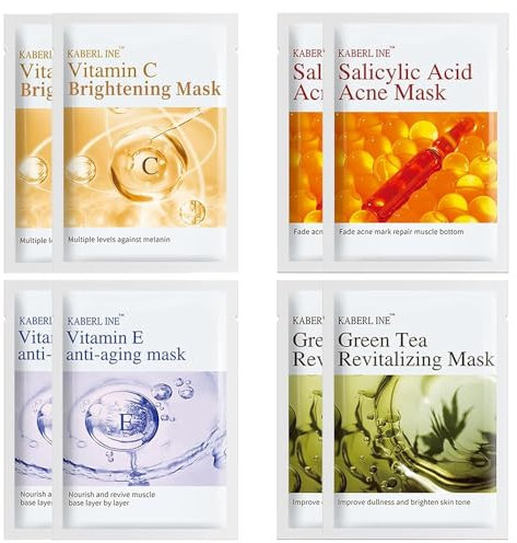 8 Stück Gesichtsmaske Frauen, 4 Verschiedene Gesichtsmasken Set, Masken Beauty VC/VE/Salicylsäure/Grüner Tee Maske, Skincare Face Mask, Tuchmasken Gesicht Feuchtigkeitsmaske