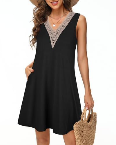 Tanmolo Damen Sommerkleid Kurz Freizeitkleid Spitze V-Ausschnitt Knielang Ärmellos Swing Kleid 2XL Schwarz