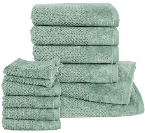 Pure Label 12.TLG. Handtücher Set aus 100% Baumwolle, saugstark und weich - 2X Badetuch (70x140 cm) 4X Handtuch (50x100cm) 4X Gästetuch (30x50 cm) 2X Waschlappen (16x21 cm), Grün