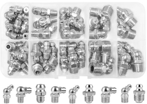 hautllaif 60 Stück Schmiernippel Sortiment M6 M8 M10 in Gerade und Abgewinkelt 45° 90° Kegelschmiernippel, Fettpresse Mundstück, fettpresse für schmiernippel (60)…
