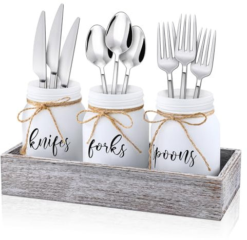 Tiangrid 4 Pcs Mason Jar Utensil Holder Silverware Caddy Glass Utensil Holder with Wood Tray for Countertop Retro Farmhouse Silverware Holder for Party Cutlery Storage Organizer for Kitchen Table