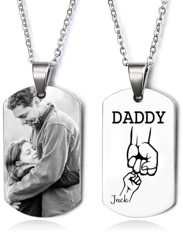 Amsgedhie Collar de acero inoxidable con chapa de identificación, chapa de identificación personalizada con foto/nombre, regalo de joyería conmemorativo para el Día del Padre