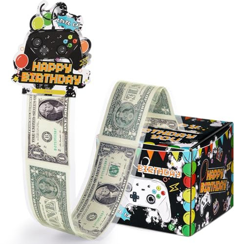 WERNNSAI Birthday Money Box for Cash Gift - Surprise Money Gaming Gift Box for Kids Family Friends with Pull Out Card and 50 Pcs Transparent Bags Black Gaming Money Box Fun Ways to Give Cash as A Gift