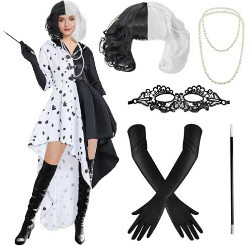 IEEILULU Cruella Devil Kostüm Damen, Cruella Kostüm Damen mit Perücke und Handschuhe, Schwarzer und Weißer Dalmatiner Fleck Kleid für Karneval Halloween Party (L)