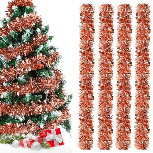 Lametta Girlande Weihnachten Roségold,Metallisch Girlande Weihnachtsbaum,4 Stück Glänzend Weihnachtsgirlande,Weihnachtsbaumschmuck Girlande,Lamettergirlande,Festliches Lamettaa Dekoration