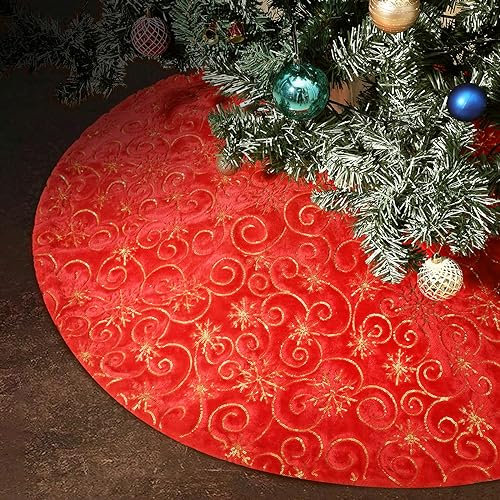 Lewondr Weihnachtsbaum Rock, 122cm Weihnachtsbaumdecke mit Schneeflockenmuster, Gestrickte runde Christbaumdecke als Weihnachtsdeko, Weihnachtsbaum Deko für Weihnachten Neujahr Zuhause, Rot