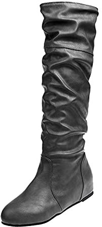 Stivali da donna piatti alla coscia da donna con punta antiscivolo pieghettata scarpe su stivali rotondi da donna stivali da donna stivali alti al polpaccio, Grigio, 40 EU
