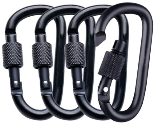 4Pack Aluminum Alloy Carabiner Heavy Duty D Ring Clip Hook Locking Carabiner D Shape Keychain Camping Accessories for Outdoor, Fishing, Hiking, Traveling, Fishing, Backpack (Black)