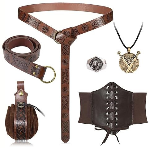 Hifot 5pcs Mittelalter Kleidung Damen Herren Gürteltasche Mittelalter Gürtel Accessoires Set Korsett Gürtel Doppelschwert Halskette Silberring Wikinger Schmuck Renaissance Knight Rider Deko Piraten