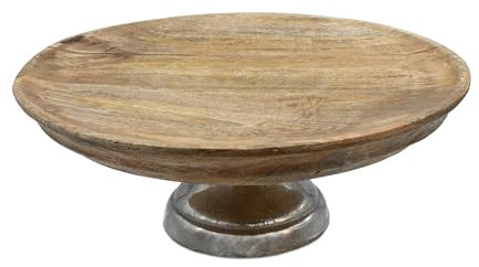 Spetebo Mango Deko Teller mit Fuß aus Aluminium - Ø 30 cm - Holz Servierständer mit Metall Standfuß - Etagenständer Tortenplatte Obstteller Servierplatte