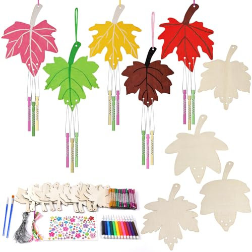Ainiv 9 Stück Ahornblatt Windspiel Bastelset Kinder, DIY Windspiel Bastelset Herbst für Kinder, Herbst Basteln Kinder zum Bemalen, Holzbastelsets Bastelhandwerk Geschenk für Junge Mädchen Herbstzeit