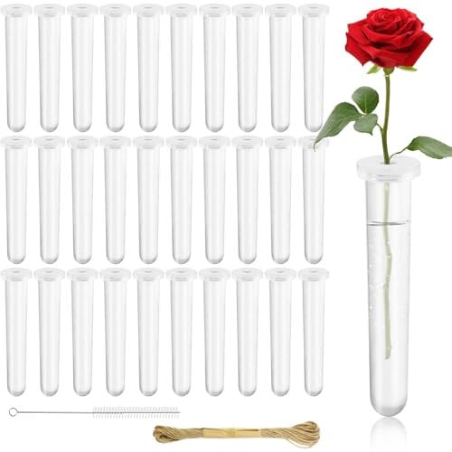 Nadinsta 30 Stück Aufhängbar Blumenröhrchen Kunststoff Reagenzgläser für Blumen, Blumen Wasserröhrchen für Blumenarrangements, Blumenröhrchen Kunststoff mit Deckel, Reagenzglas Vase 11 * 2.4cm