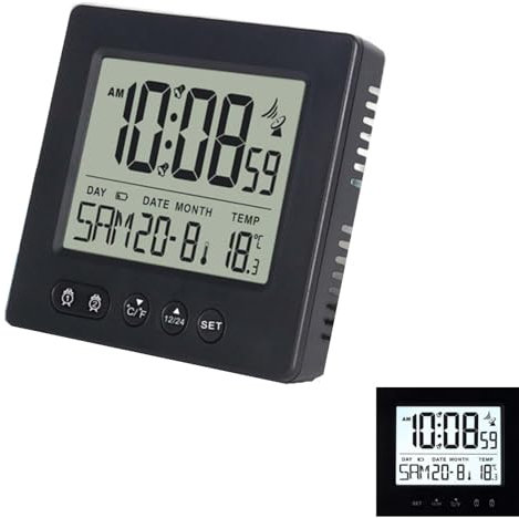 Radiosveglia digitale con termometro, luce calendario, temperatura, orologio radio, visualizzazione settimanale, datario, due sveglia indipendente, regolazione automatica, ora estate/inverno, sveglia